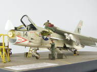 Plastic model of the American single-seat F-8E Crusader carrier-based fighter aircraft assembled on a 1:72 scale. The model represents the F-8E aircraft from times of the Vietnam War.